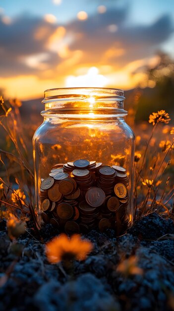A person inserting coins into a glass jar labeled 