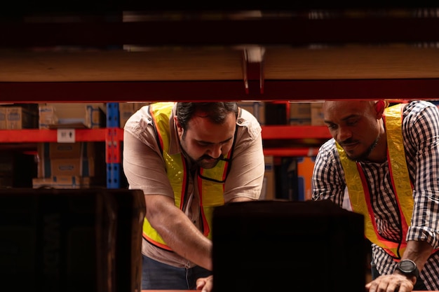 A brightly lit warehouse with shelves full of neatly organized inventory. Workers are seen using barcode scanners and forklifts.