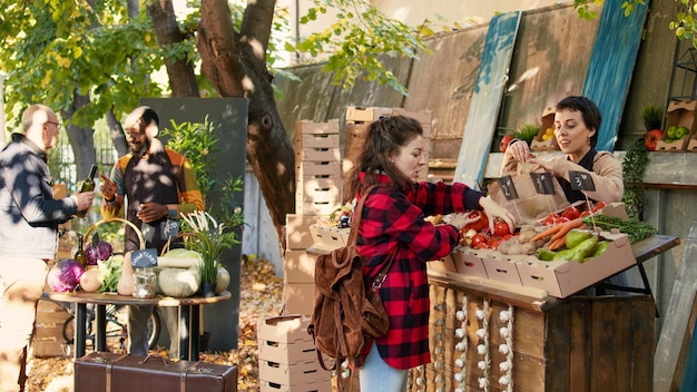 A photograph of a vibrant farmer's market in a small American town during the summer, with tourists and locals interacting, sampling local produce, and purchasing handmade crafts. The image highlights the charm and appeal of local tourism experiences.