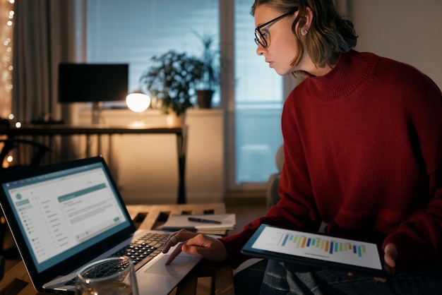 A person working on a laptop with charts and graphs displayed on the screen, representing financial planning and tracking progress towards income goals.