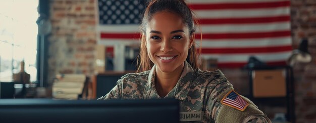 A close-up shot of a US military veteran sitting at a desk, focused and smiling, while participating in an online course on a laptop. The background is a cozy home office setting with bookshelves and motivational posters, highlighting the accessibility and comfort of online education for veterans.