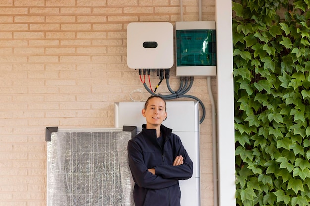 An energy-efficient HVAC system being installed in a home. The technician is carefully connecting the unit, emphasizing the importance of professional installation for optimized energy performance.