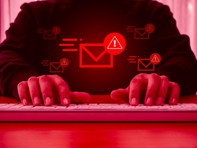 A digital illustration of a phishing email displayed on a smartphone, with a warning sign in the background. The email is designed to look like an official communication from a government agency.