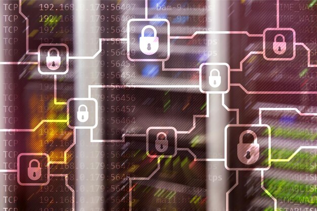 A visual representation of a multi-layered cybersecurity system, with interlocking shields and padlocks. The design includes lines of code in the background, signifying digital security.