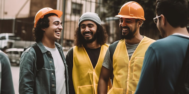 A diverse group of construction workers on a federal building site, wearing hard hats and safety vests, symbolizing the types of jobs affected by the minimum wage increase for federal contractors.