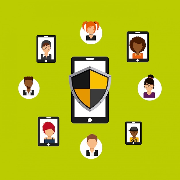 A diverse group of people using various devices, each with a small shield icon overlaid, symbolizing personal data protection in everyday life.