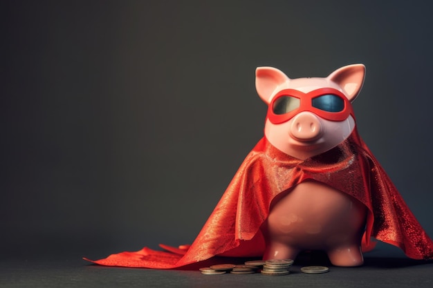 A piggy bank wearing a superhero mask and cape, symbolizing the emergency fund as a financial protector.