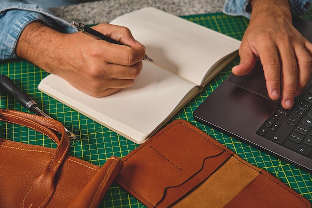 Close-up photo of hands crafting a small leather wallet, showcasing the detail and skill that goes into handmade goods that can be sold.