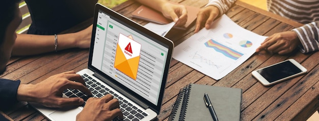 A split image: On one side, an email marketing interface with a newsletter being designed. On the other side, a laptop screen showing SEO analytics and keyword research tools.