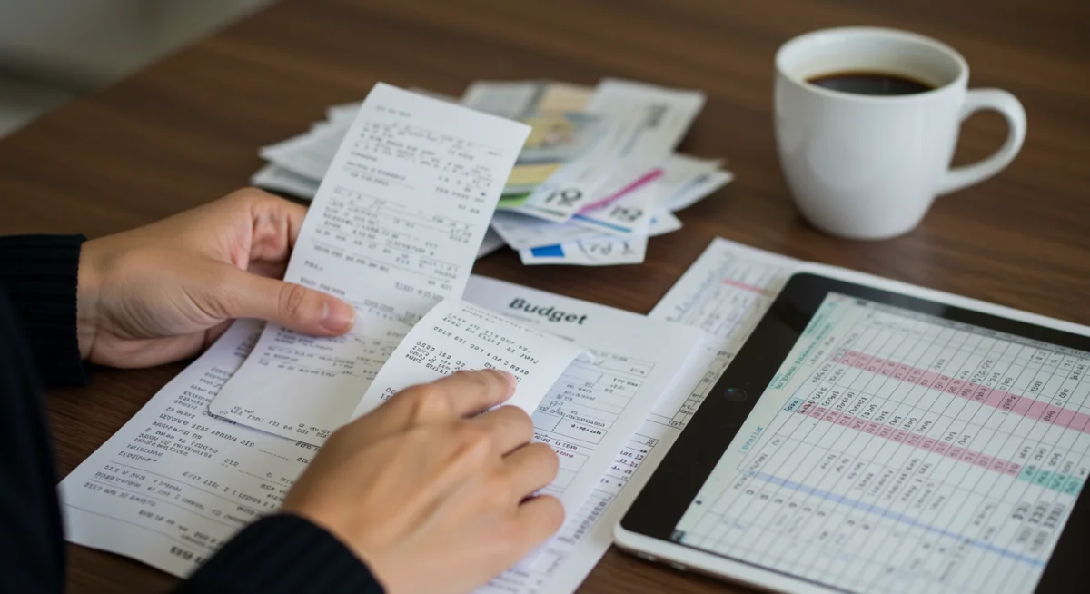 Person organizing bills and budgeting on a tablet