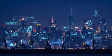 Diverse individuals engaging in gig economy tasks with city backdrop, symbolizing new opportunities and income growth.
