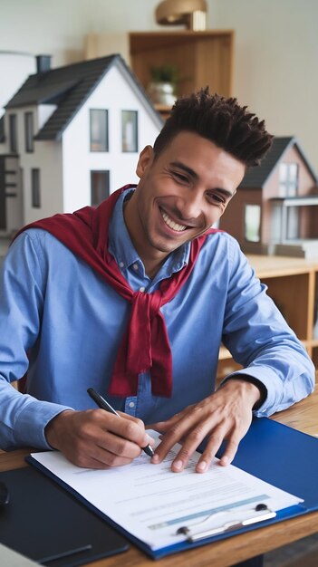 A person happily signing mortgage papers, with a lender smiling encouragingly, symbolizing the positive outcome of having a low debt-to-income ratio.