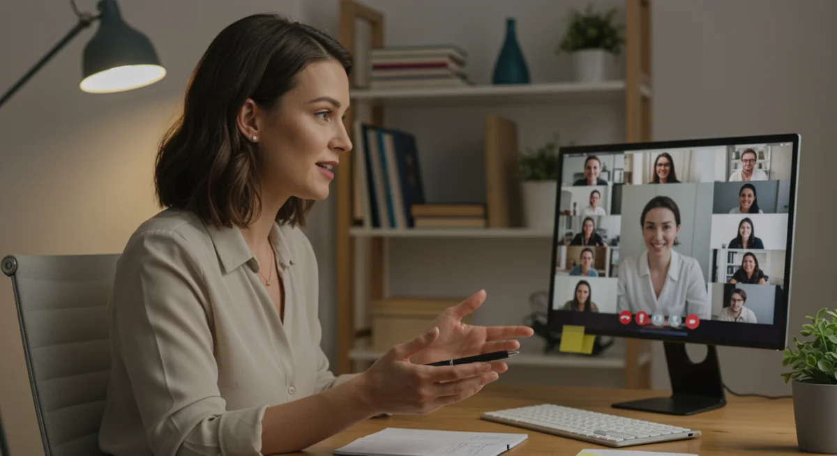 Professional woman leading a remote video conference from home office