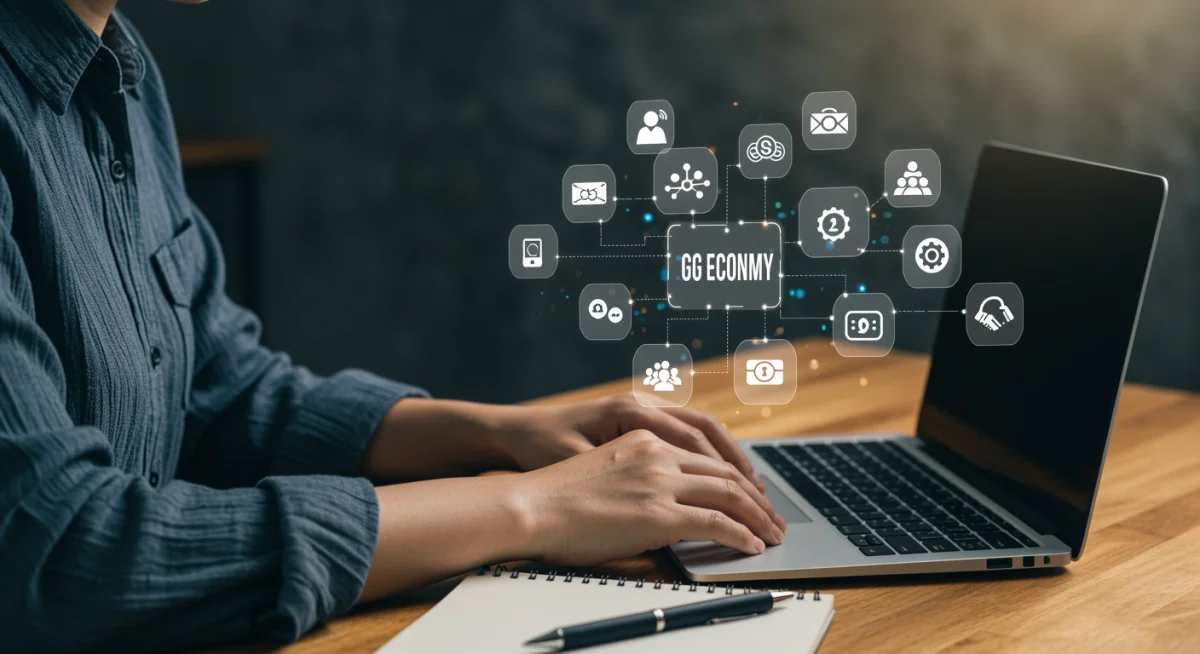 Person strategizing on laptop with various gig economy platform icons visible.