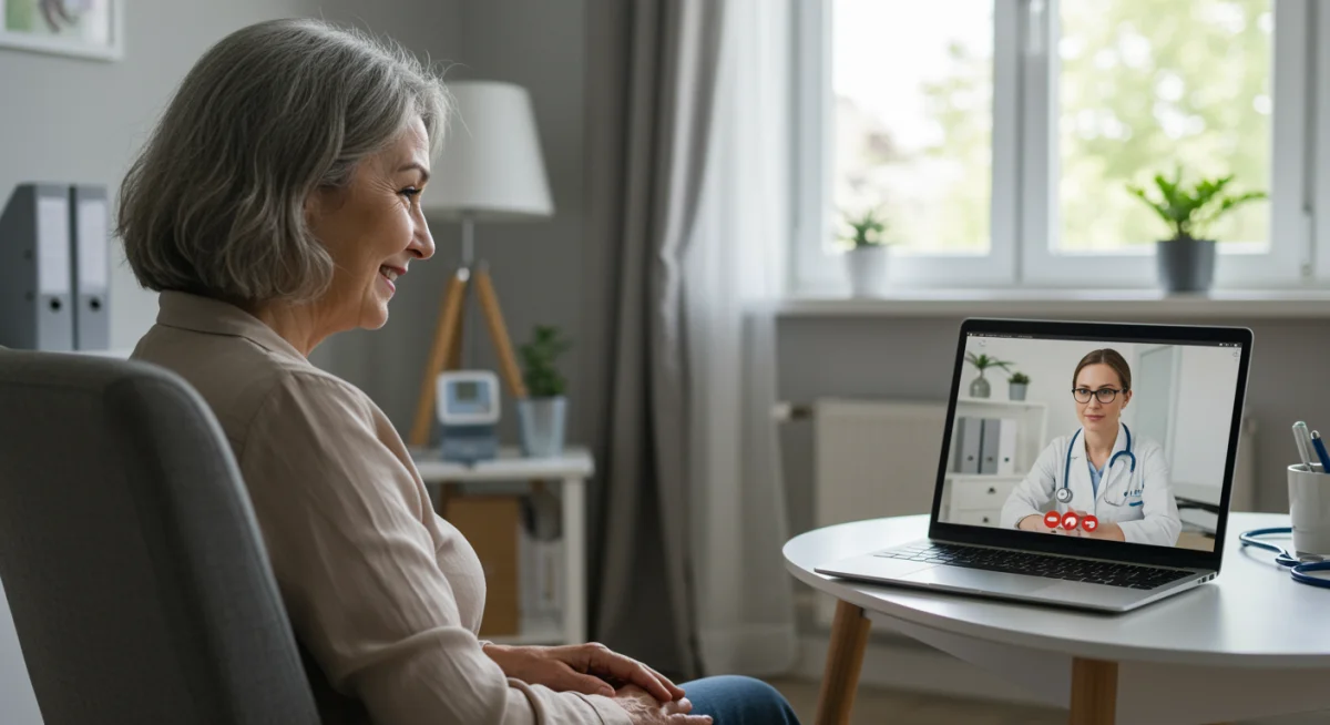 Telemedicine consultation between a patient and doctor, showing remote healthcare access.