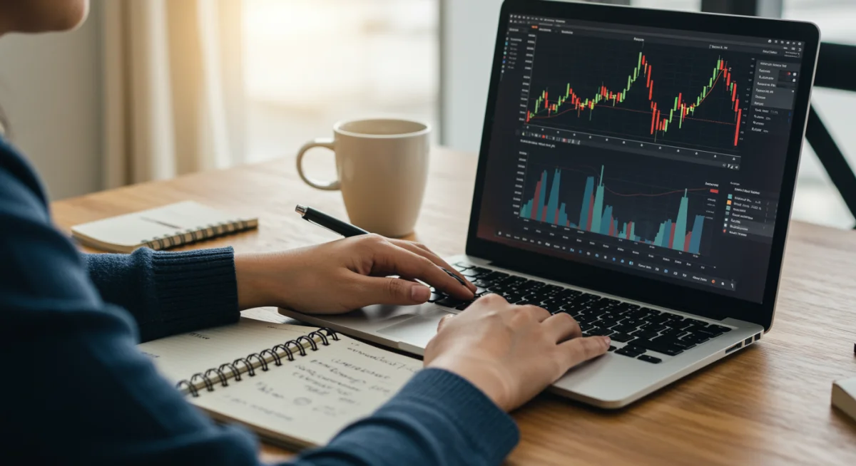 Person actively researching investment strategies on a laptop for financial planning.