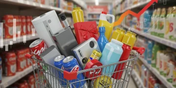 Shopping cart filled with consumer goods, illustrating the potential 5% price hike from U.S. tariff adjustments in 2025.