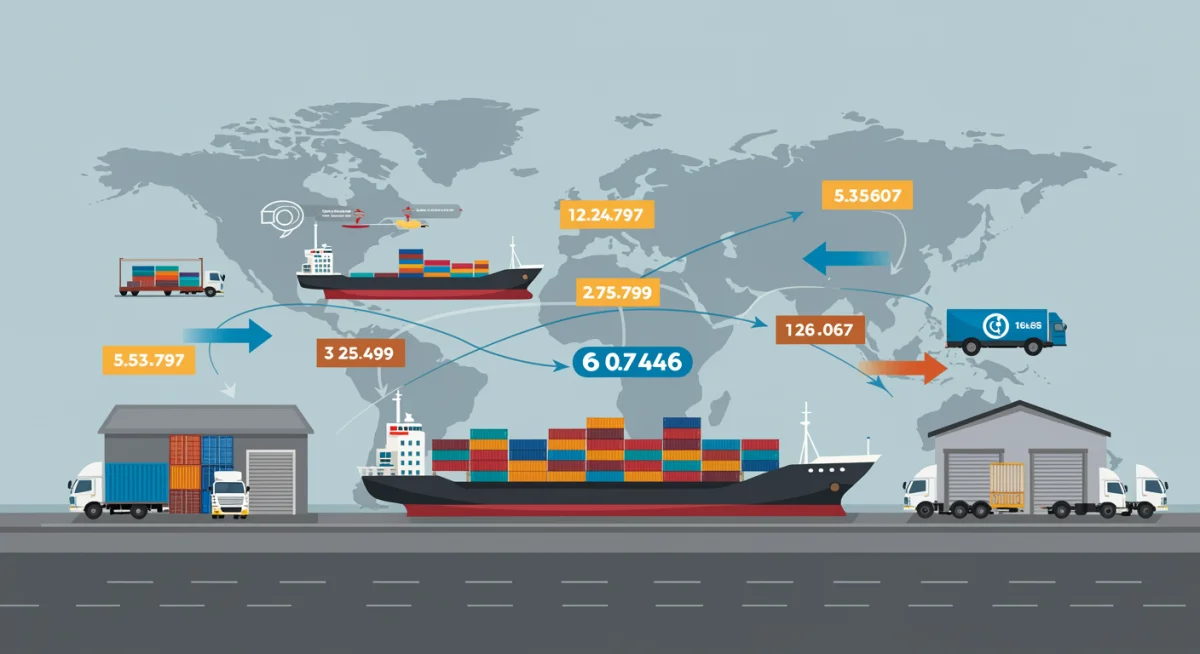 Global supply chain network with cargo ships and trucks, symbolizing the logistical challenges and cost increases due to U.S. tariff adjustments.