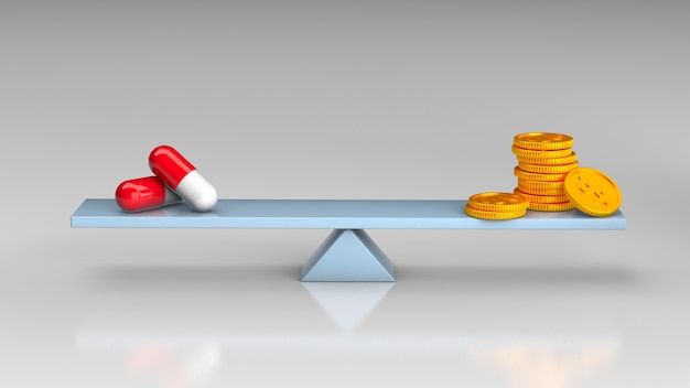 A graphic showing a balanced scale, with prescription drugs on one side and money on the other, symbolizing the balance between access to medication and cost. The background is a light blue gradient.