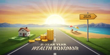 Building Wealth 2025: 5-Year Roadmap to Financial Independence Illustration of a 5-year financial roadmap with milestones leading to wealth building and financial independence in 2025.