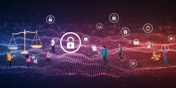 Futuristic digital copyright landscape with creators and legal symbols