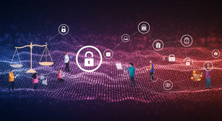 Futuristic digital copyright landscape with creators and legal symbols