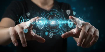 Futuristic digital interface with privacy shields and data locks, symbolizing secure online data in 2026.