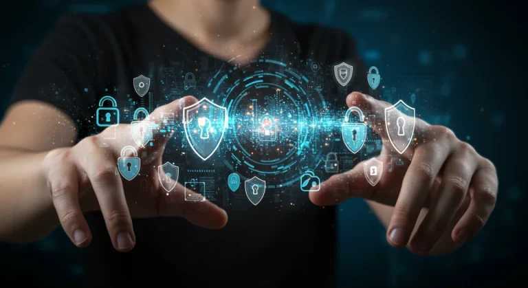 Futuristic digital interface with privacy shields and data locks, symbolizing secure online data in 2026.