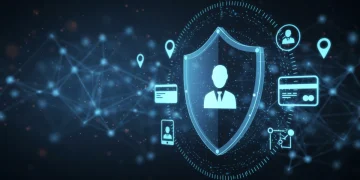 Digital shield protecting personal data in a futuristic network, representing 2026 digital privacy