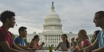 Diverse community members engaging in a supported program, with the US Capitol in the background.