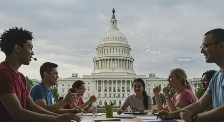 Diverse community members engaging in a supported program, with the US Capitol in the background.