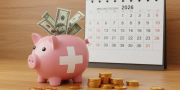 Illustration of a medical cross piggy bank with 2026 calendar, symbolizing maximized HSA savings.