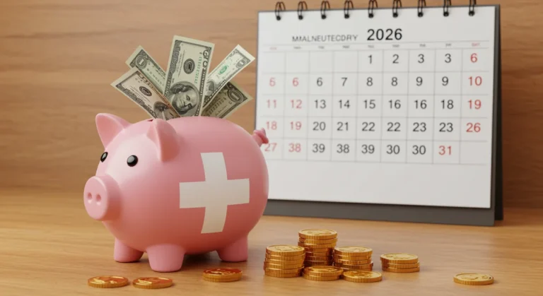 Illustration of a medical cross piggy bank with 2026 calendar, symbolizing maximized HSA savings.