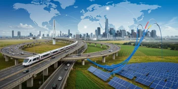 Modern infrastructure projects under the 2026 Infrastructure Investment and Jobs Act, illustrating roads, bridges, and renewable energy.