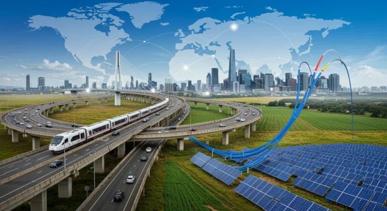 Modern infrastructure projects under the 2026 Infrastructure Investment and Jobs Act, illustrating roads, bridges, and renewable energy.