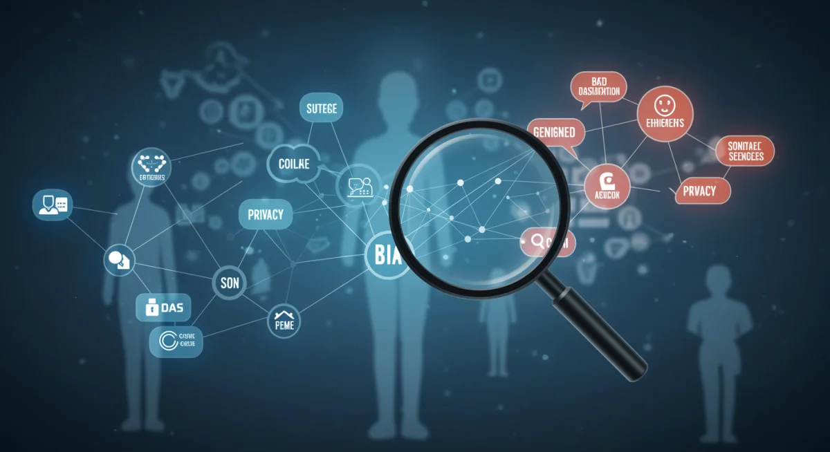 Interconnected data nodes with ethical considerations highlighted, illustrating the complexities of AI ethics and its human impact.
