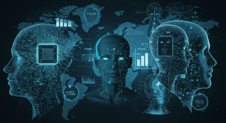 Abstract representation of AI ethics dilemmas with data, algorithms, and human elements, set against a US map background.