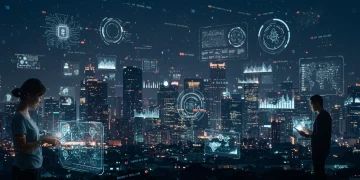 Futuristic city with data streams and people interacting with AI, symbolizing the AI ethics landscape in 2026 for U.S. digital citizens.