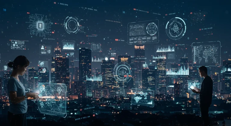 Futuristic city with data streams and people interacting with AI, symbolizing the AI ethics landscape in 2026 for U.S. digital citizens.