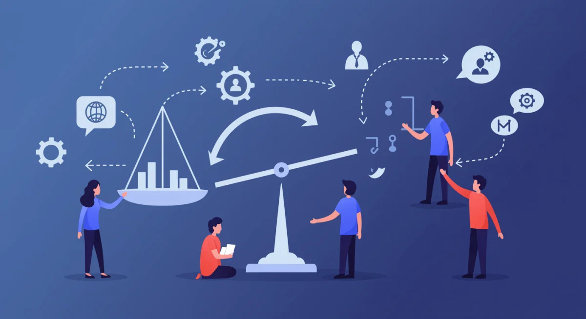 Conceptual illustration of algorithmic bias depicting diverse people affected by a skewed, unfair AI algorithm.