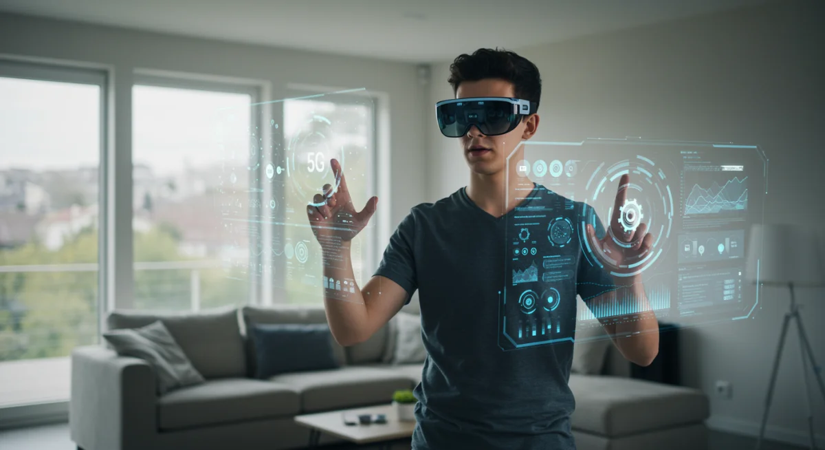 Person using AR glasses in a living room with holographic interfaces
