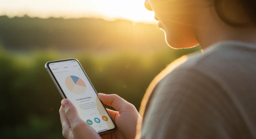 Thoughtful person balancing technology use with nature