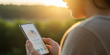 Thoughtful person balancing technology use with nature