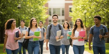 Students walking on a college campus, symbolizing federal student aid opportunities.