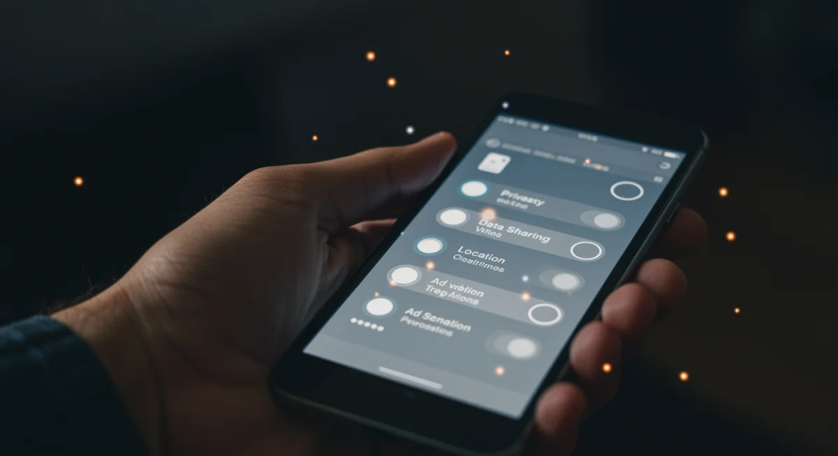 Hand holding smartphone showing privacy settings menu, symbolizing consumer data control