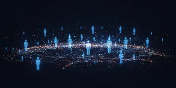 Futuristic digital network illustrating data flow and personal information exchange in data brokerage 2026.