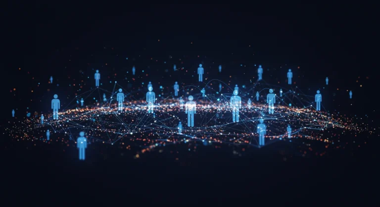 Futuristic digital network illustrating data flow and personal information exchange in data brokerage 2026.