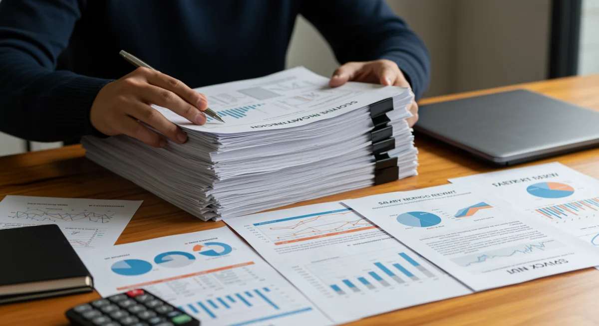 Person meticulously organizing performance data and market research for salary negotiation preparation.