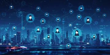 Futuristic digital network representing decentralized social media platforms with interconnected user data and privacy focus.