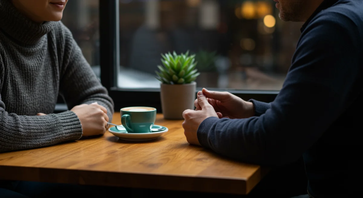 Two people having a deep conversation over coffee, emphasizing active listening and empathy.